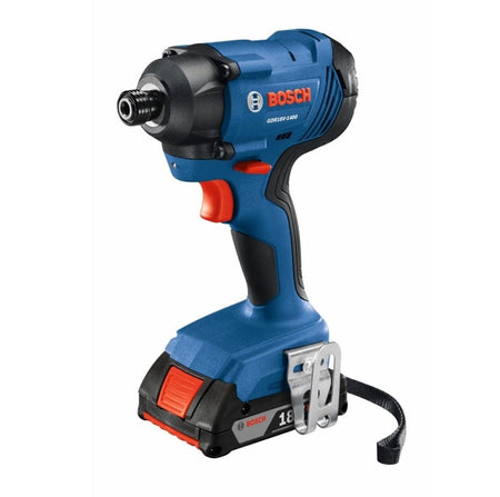 A right-angle view of the Bosch 18V impact driver attached to a battery, highlighting the front hex chuck, the integrated LED light positioned just below the collet, and the rugged blue tool housing.