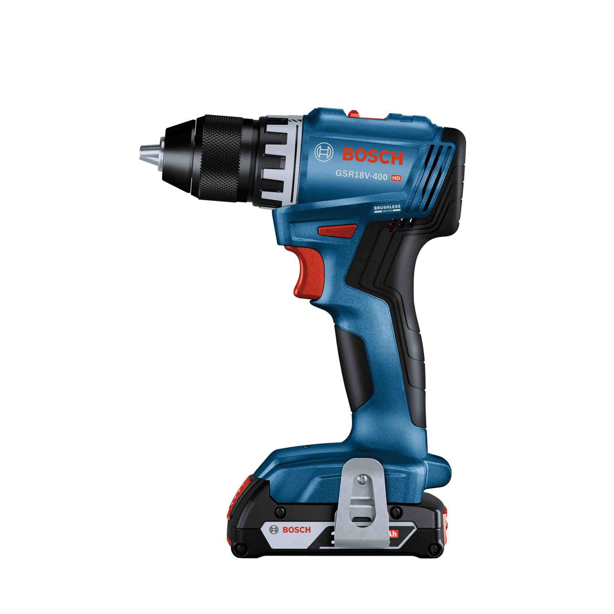 A side profile photo of the Bosch GSR18V-400 18V compact brushless 1/2 inch drill driver standing on a battery, showing the professional-grade metal keyless chuck, adjustable clutch ring, and ergonomic handle design.