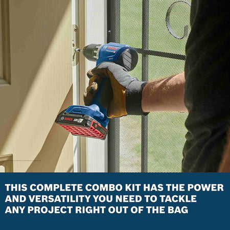 A contractor wearing heavy work gloves uses the lightweight Bosch 18V 1/2 inch drill driver to install a door strike plate on a residential frame, with overlay text stating this complete combo kit has the power and versatility to tackle any project right out of the bag.