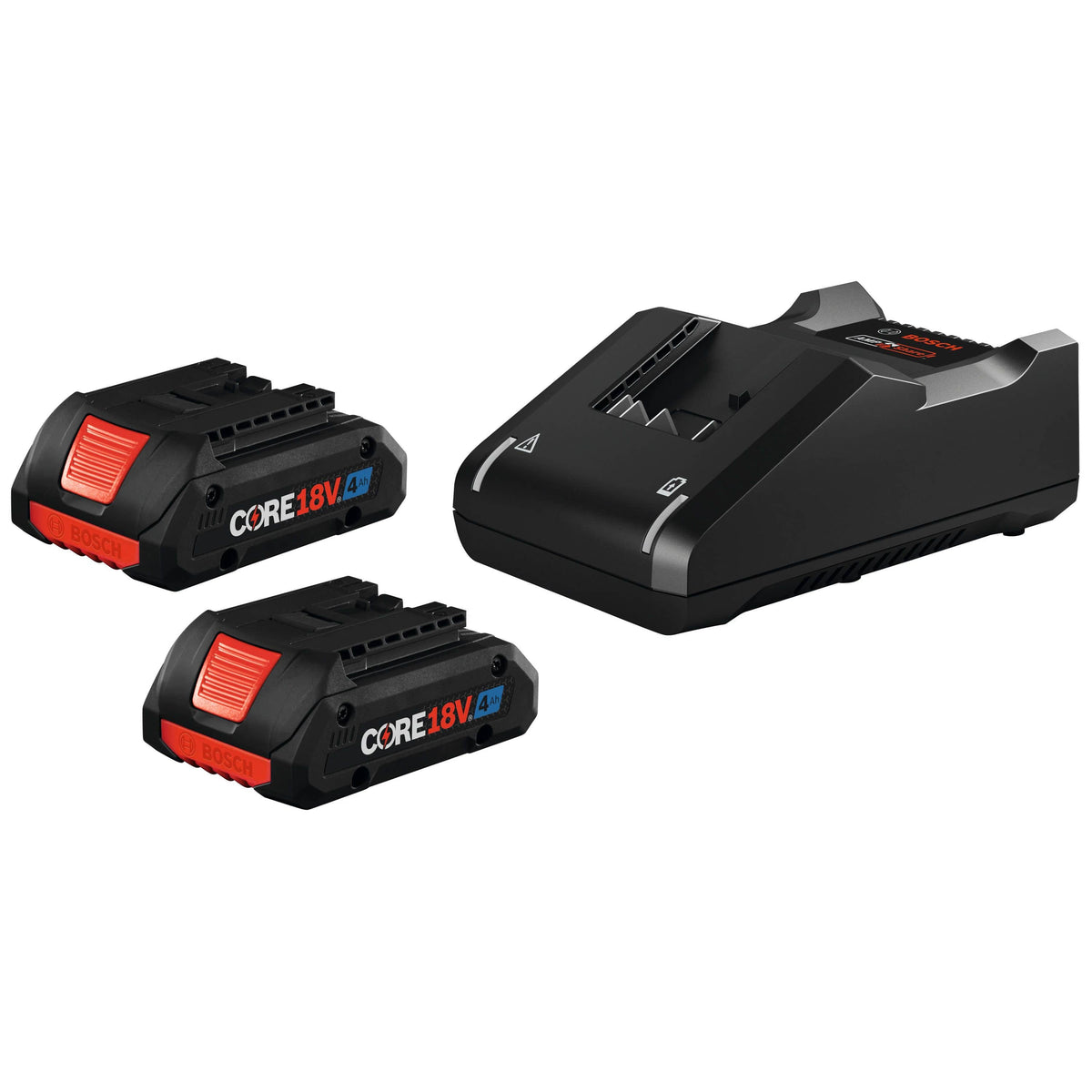 An e-commerce product display of the Bosch GXS18V-11N25 power tool starter kit, featuring two compact 18V CORE18V 4.0 Ah advanced lithium-ion batteries next to a black GAL18V-40 4-amp fast battery charger over a clean white background.