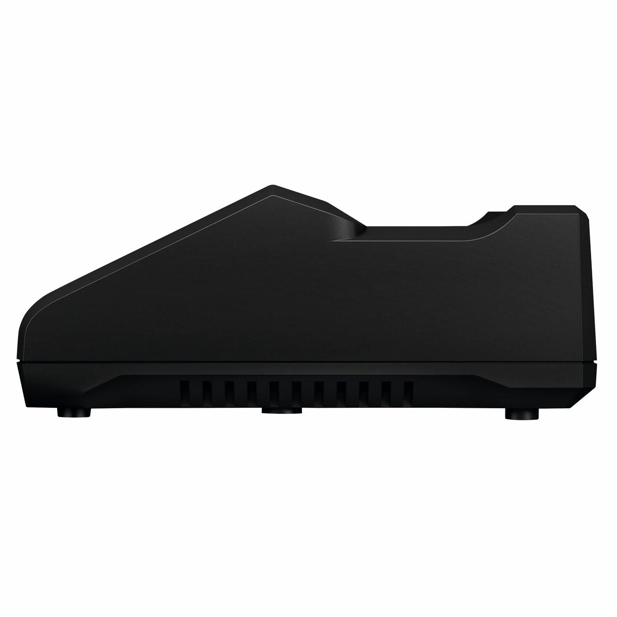 A direct side profile view of the black Bosch GAL18V-40 lithium-ion battery charger, showcasing the clean slope of the dock housing and ventilated structural cooling ridges along the lower base framework.