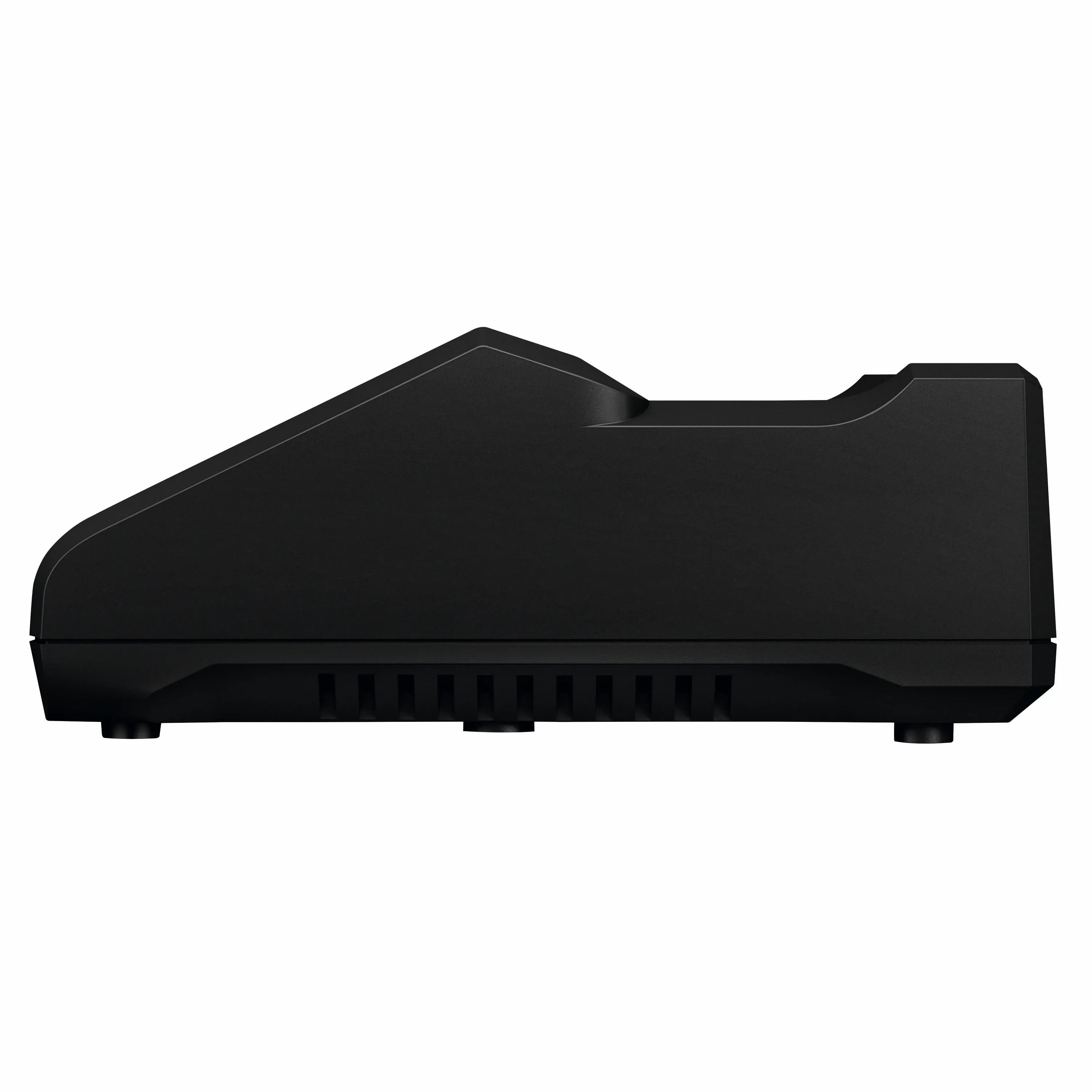 A direct side profile view of the black Bosch GAL18V-40 lithium-ion battery charger, showcasing the clean slope of the dock housing and ventilated structural cooling ridges along the lower base framework.