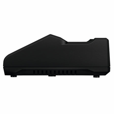 A direct side profile view of the black Bosch GAL18V-40 lithium-ion battery charger, showcasing the clean slope of the dock housing and ventilated structural cooling ridges along the lower base framework.