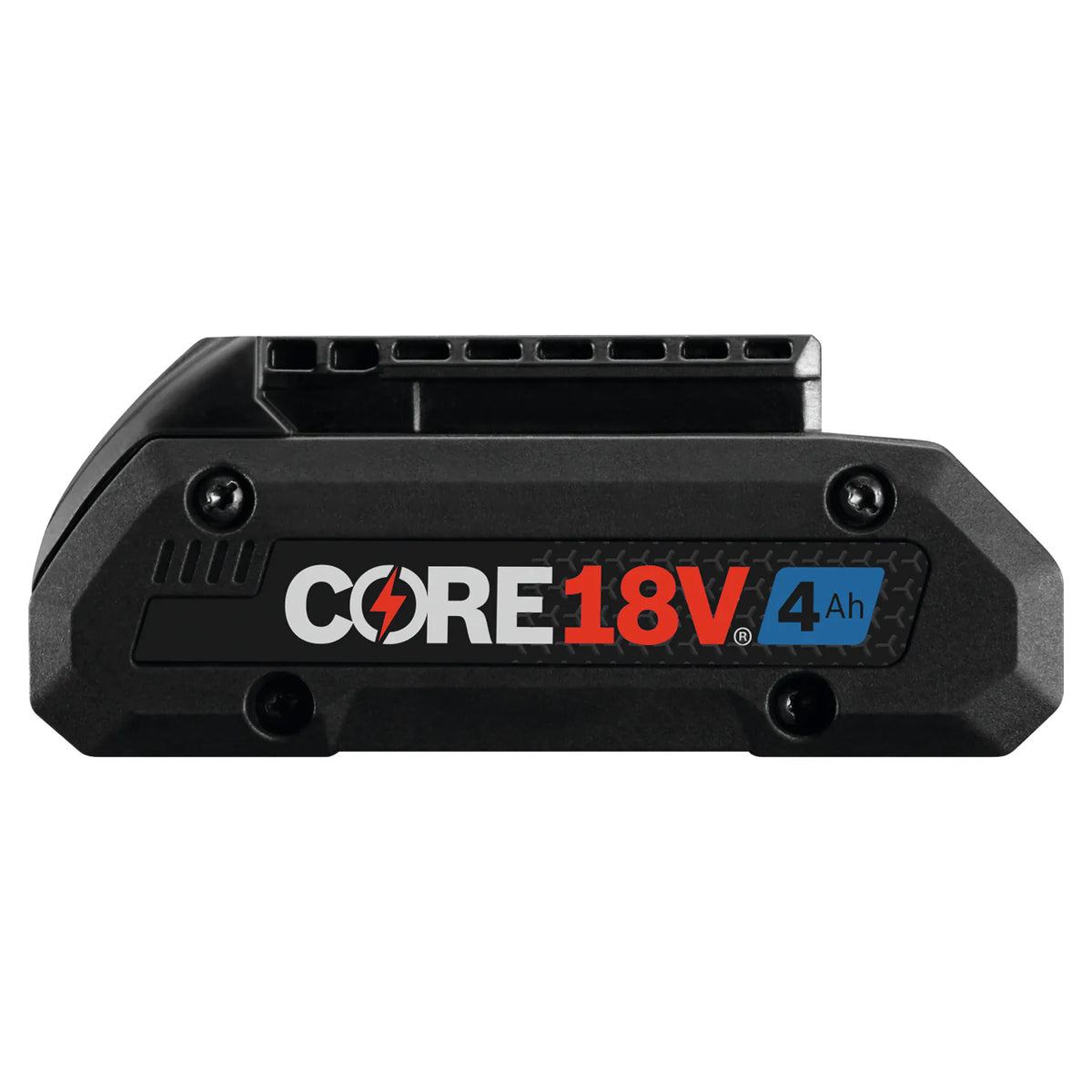 A clean profile studio shot of the right side of a single Bosch CORE18V 18V 4.0 Ah advanced lithium-ion battery pack, detailing the high-contrast branding logo sticker laid over the texturized black composite housing.