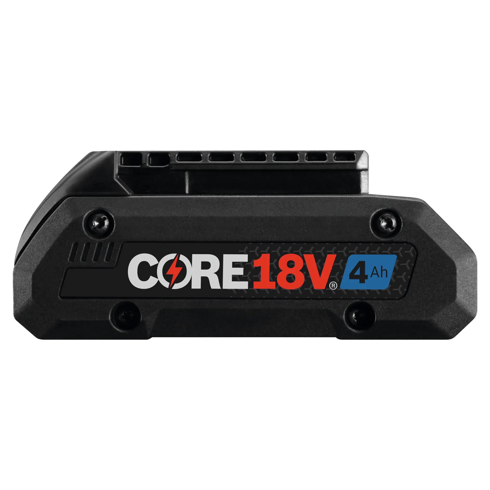 A clean profile studio shot of the right side of a single Bosch CORE18V 18V 4.0 Ah advanced lithium-ion battery pack, detailing the high-contrast branding logo sticker laid over the texturized black composite housing.