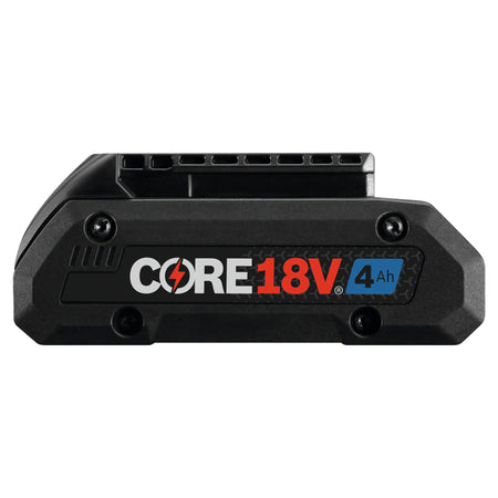 A clean profile studio shot of the right side of a single Bosch CORE18V 18V 4.0 Ah advanced lithium-ion battery pack, detailing the high-contrast branding logo sticker laid over the texturized black composite housing.