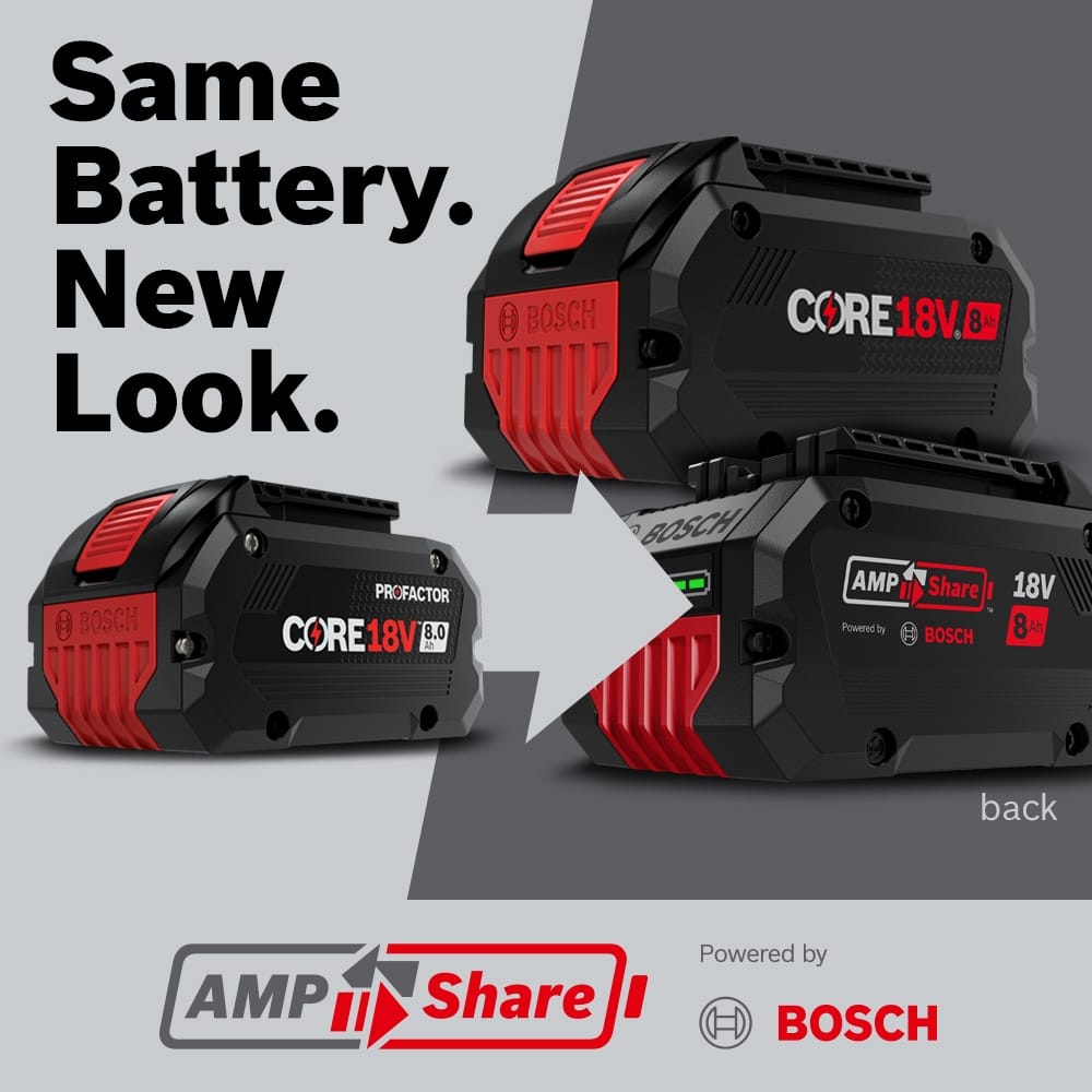 A promotional graphic titled Same Battery. New Look., featuring a graphic arrow that contrasts an older Bosch PROFACTOR CORE18V 8.0 Ah battery label design with the updated multi-brand AMPShare system branding design.