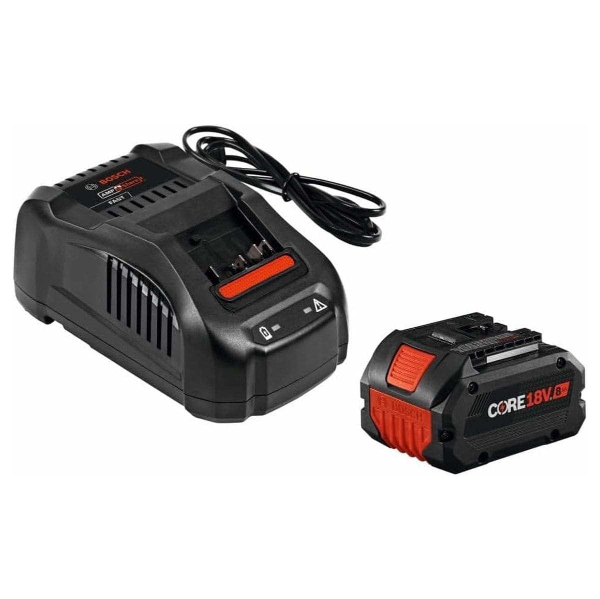 A professional studio shot of the Bosch GXS18V-12N14 starter kit featuring a CORE18V 8.0 Ah high power lithium-ion battery and the BC1880 18V fast battery charger.
