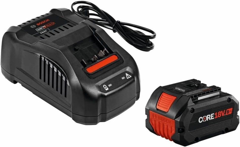 A professional studio shot of the Bosch GXS18V-12N14 starter kit featuring a CORE18V 8.0 Ah high power lithium-ion battery and the BC1880 18V fast battery charger.