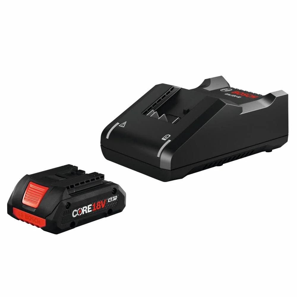A studio product shot of the Bosch 18V starter kit containing one black and red CORE18V 4.0 Ah compact battery and one black GAL18V-40 compact charger.