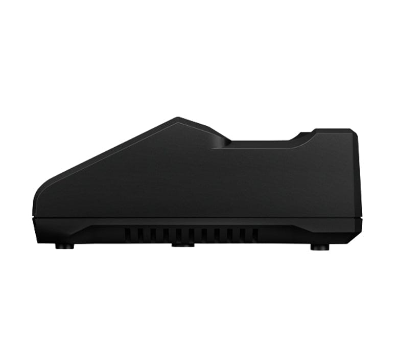A direct side-profile view of the Bosch GAL18V-40 lithium-ion battery charger showing its compact, angled design.