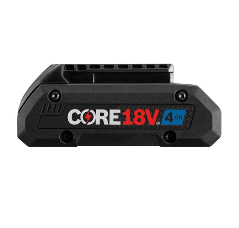 A direct side-profile view of the Bosch CORE18V 4.0 Ah battery highlighting the branding and the compact single-layer cell housing.
