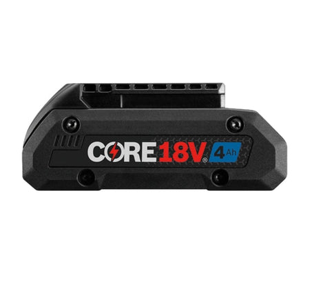 A direct side-profile view of the Bosch CORE18V 4.0 Ah battery highlighting the branding and the compact single-layer cell housing.