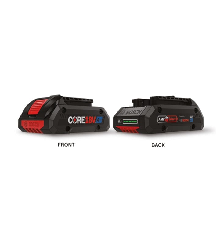 A side-by-side view showing both the front and back of the Bosch CORE18V 4.0 Ah battery, illustrating the red release button on the front and the AMPShare branding and LED fuel gauge on the back.