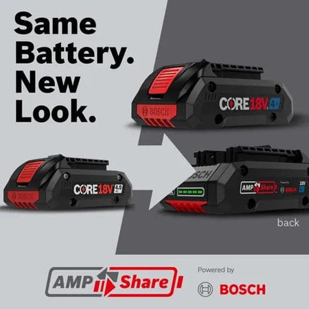 An informational graphic comparing the previous battery housing design with the updated AMPShare branded housing, labeled Same Battery. New Look.