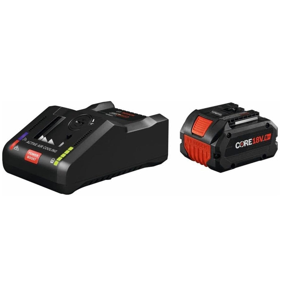 A comprehensive product kit shot of the Bosch GXS18V-16N14 starter kit featuring a CORE18V 8.0 Ah high power lithium-ion battery and the GAL18V-160C 18V 16-Amp turbo battery charger.