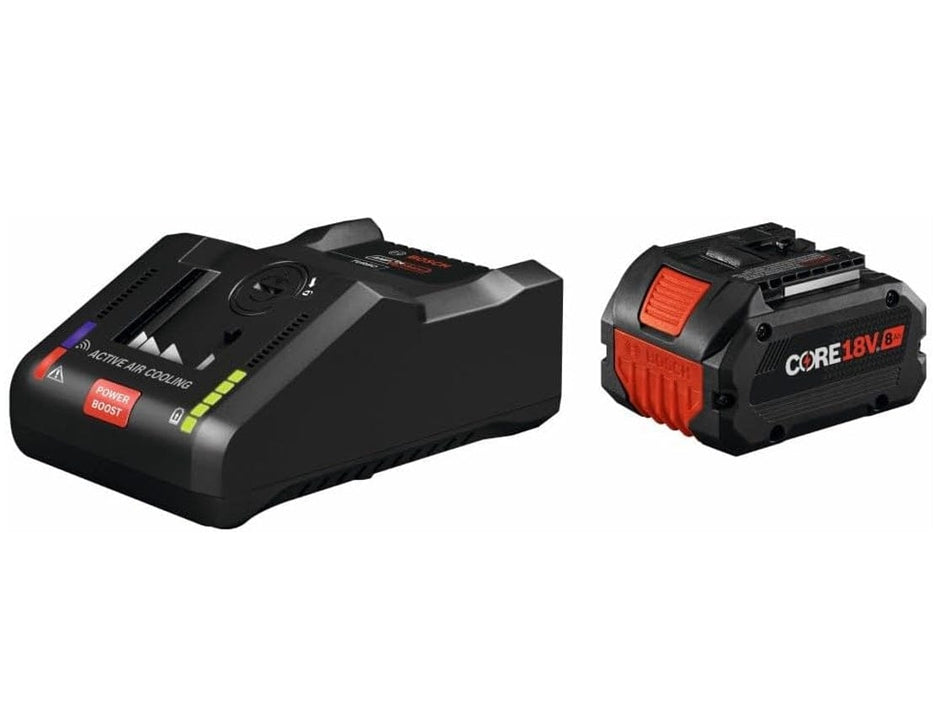 A comprehensive product kit shot of the Bosch GXS18V-16N14 starter kit featuring a CORE18V 8.0 Ah high power lithium-ion battery and the GAL18V-160C 18V 16-Amp turbo battery charger.