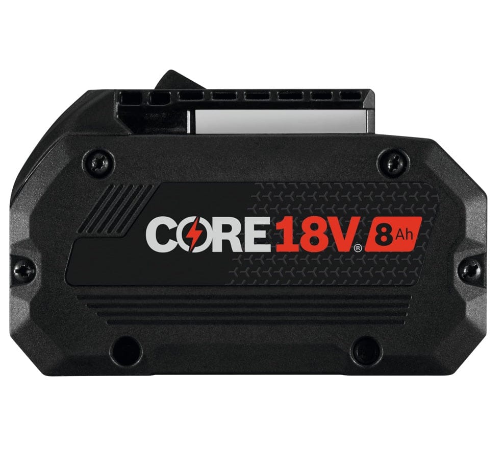 A direct side-facing studio shot of the Bosch 18V 8.0 Ah CORE18V high power battery highlighting the compact size and rugged black and red housing with professional branding.