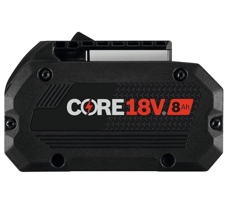 A direct side-facing studio shot of the Bosch 18V 8.0 Ah CORE18V high power battery highlighting the compact size and rugged black and red housing with professional branding.
