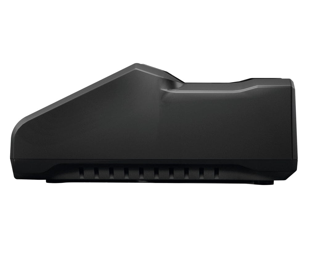 A side profile view of the Bosch GAL18V-160C 18V turbo battery charger highlighting the heavy-duty black housing and ventilation slats for active air-cooling during rapid charging.
