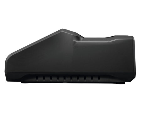 A side profile view of the Bosch GAL18V-160C 18V turbo battery charger highlighting the heavy-duty black housing and ventilation slats for active air-cooling during rapid charging.