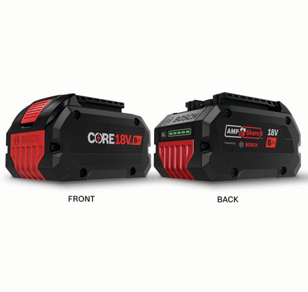 A comparative view of the front and back of the Bosch CORE18V 8.0 Ah battery, showing the high-resolution fuel gauge on the front and the AMPShare system logo on the back.