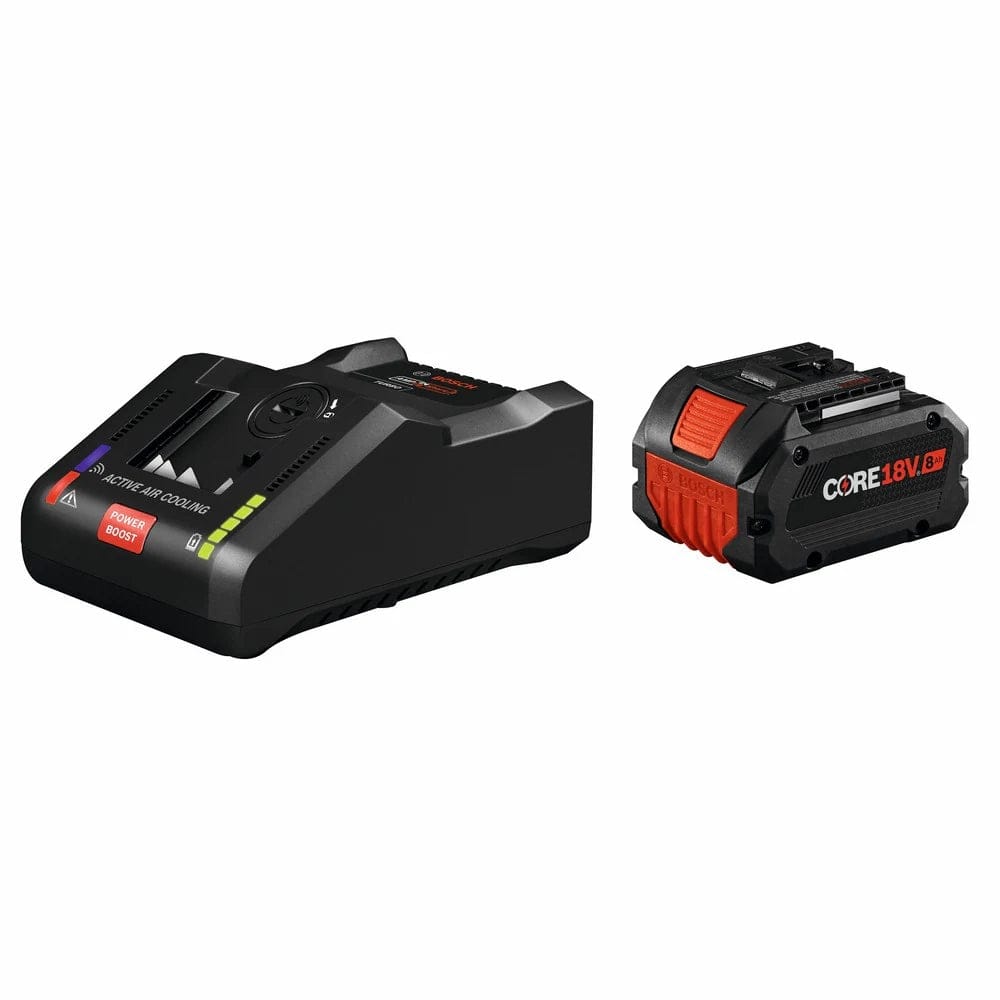 The Bosch GXS18V-30N18 starter kit featuring a black 16 Amp turbo fast charger with a red Power Boost button and a high-power 18V CORE18V 8.0 Ah lithium-ion battery.