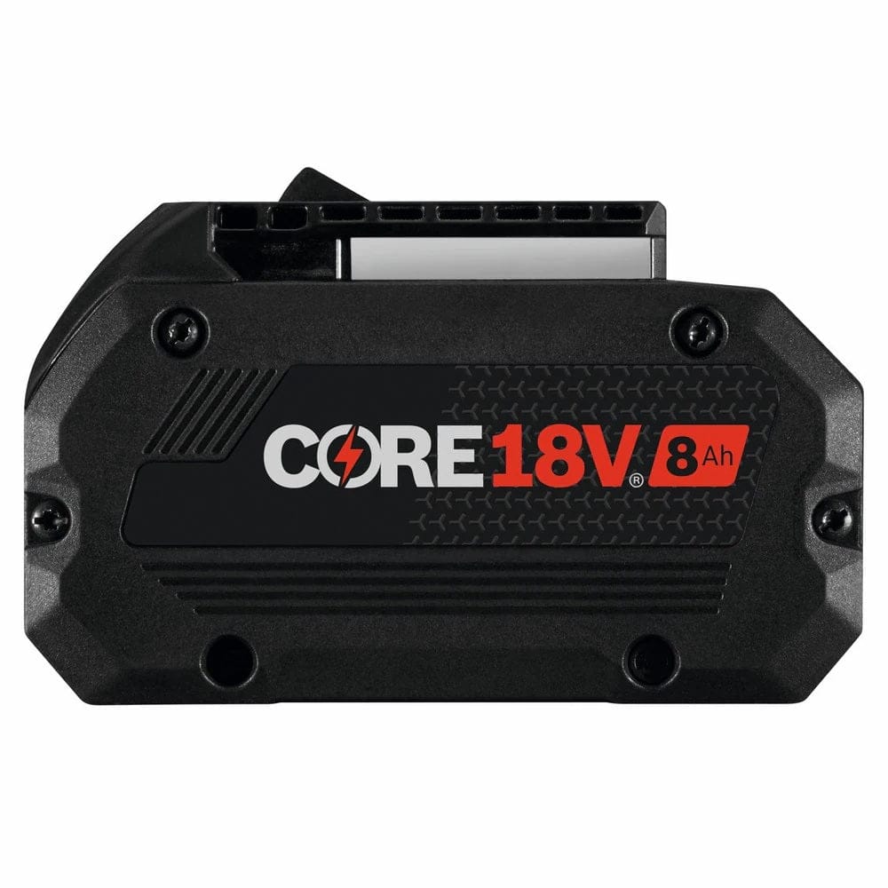 A side profile view of the black and red Bosch CORE18V 8.0 Ah high-power lithium-ion battery housing.
