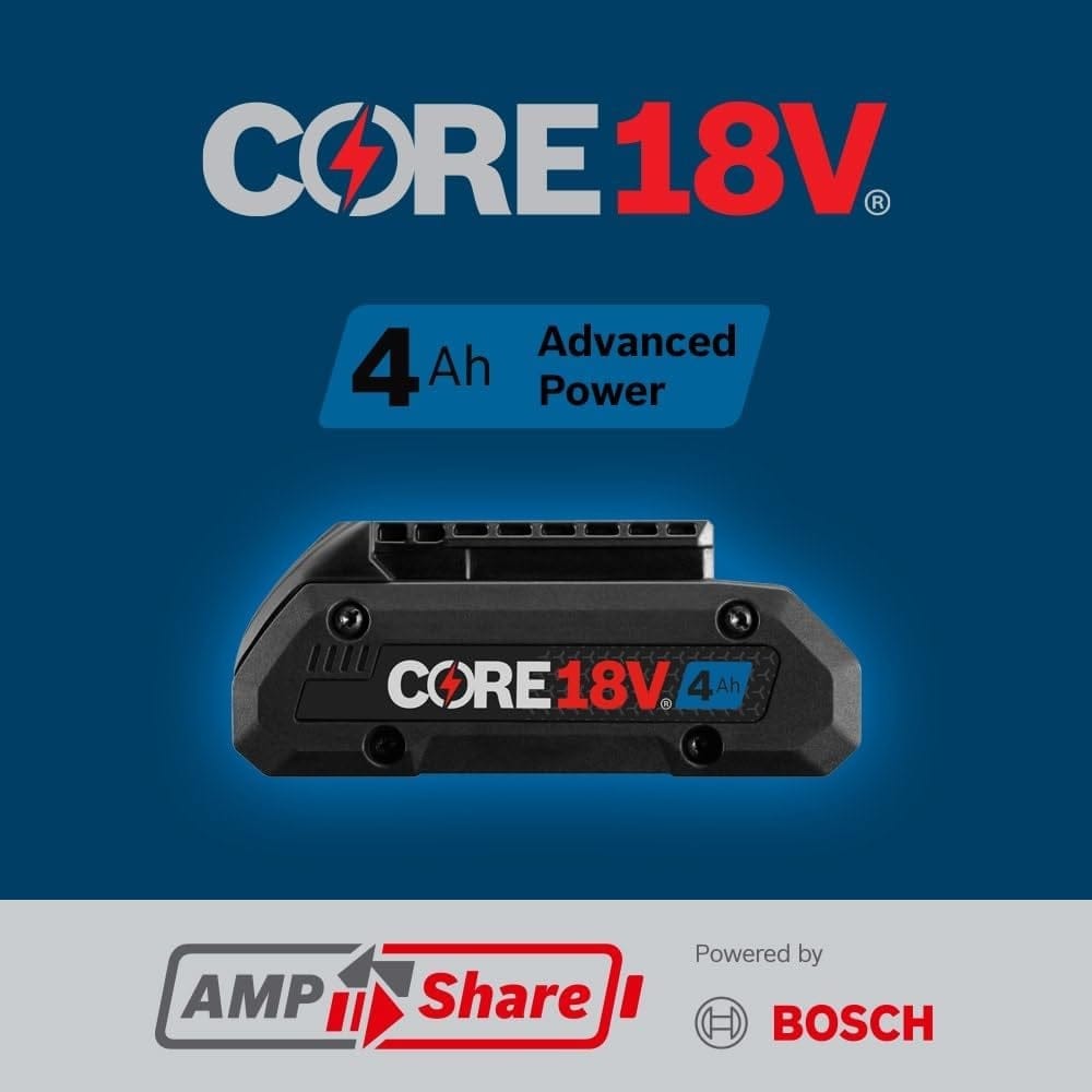 Marketing graphic showing a Bosch battery side profile with text indicating it is a 4 Ah Advanced Power battery within the AMPShare system.