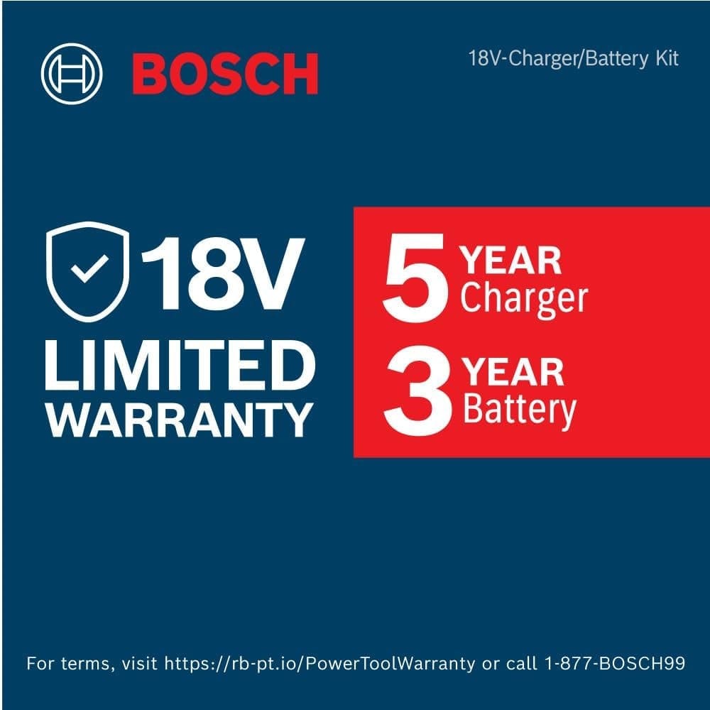 A warranty informational graphic for the 18V charger and battery kit specifying a 5-year limited warranty for the charger and a 3-year limited warranty for the battery.