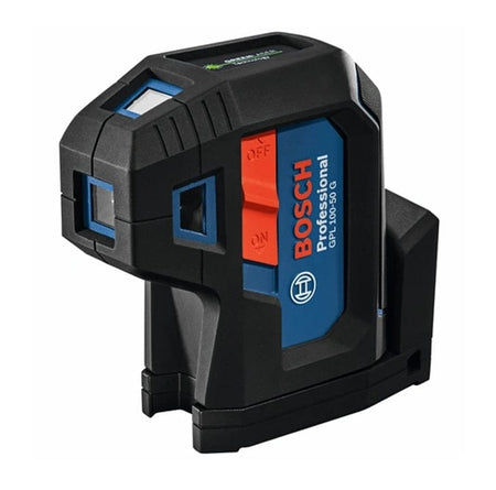 Angled studio view of the Bosch GPL100-50G Green-Beam 5-point laser, showcasing the distinct red ON/OFF switch and rugged housing design