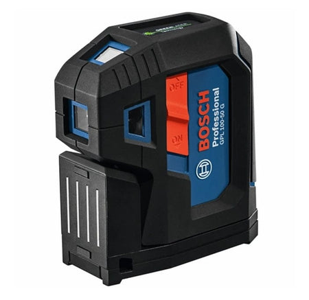 Angled studio view of the Bosch GPL100-50G Green-Beam 5-point laser, showcasing the rugged rubber overmold housing and the red ON/OFF switch
