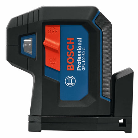 Close-up side view of the Bosch GPL100-50G laser showing the red ON/OFF slide switch, which engages the Smart Pendulum System lock for transport