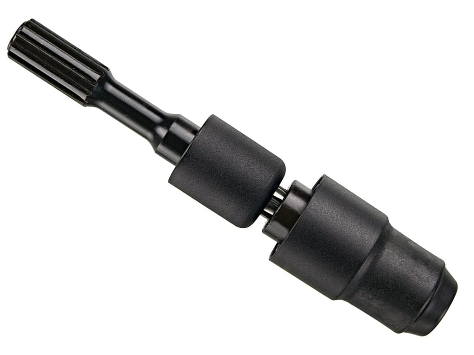 Studio view of the black metal Bosch HA1020 adapter featuring a spline shank on one end and an SDS-plus chuck on the other.
