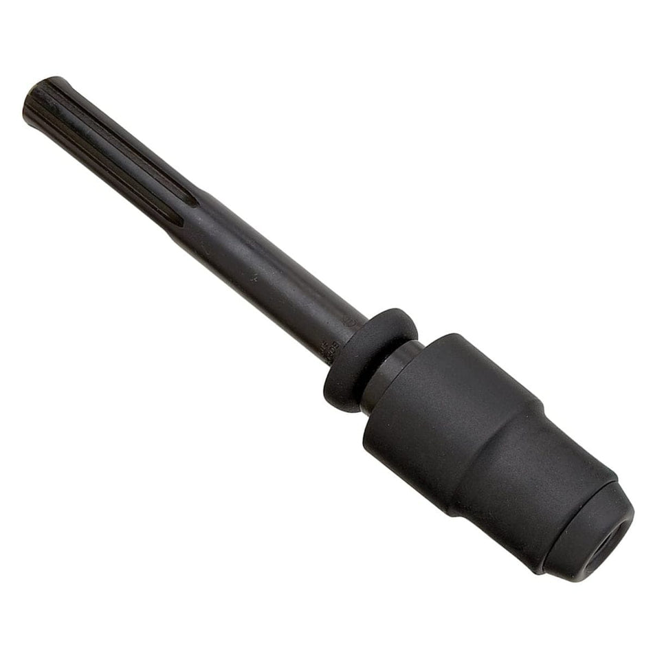 Studio view of the Bosch HA1030 rotary hammer adapter featuring a grooved SDS-max shank on one end and an SDS-plus chuck on the other.