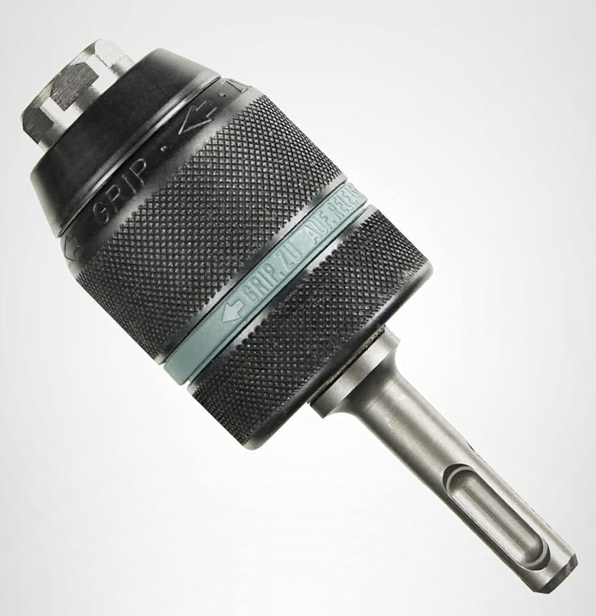 Angled studio shot of the Bosch keyless chuck adapter featuring a black textured grip collar and a silver SDS-Plus shank.