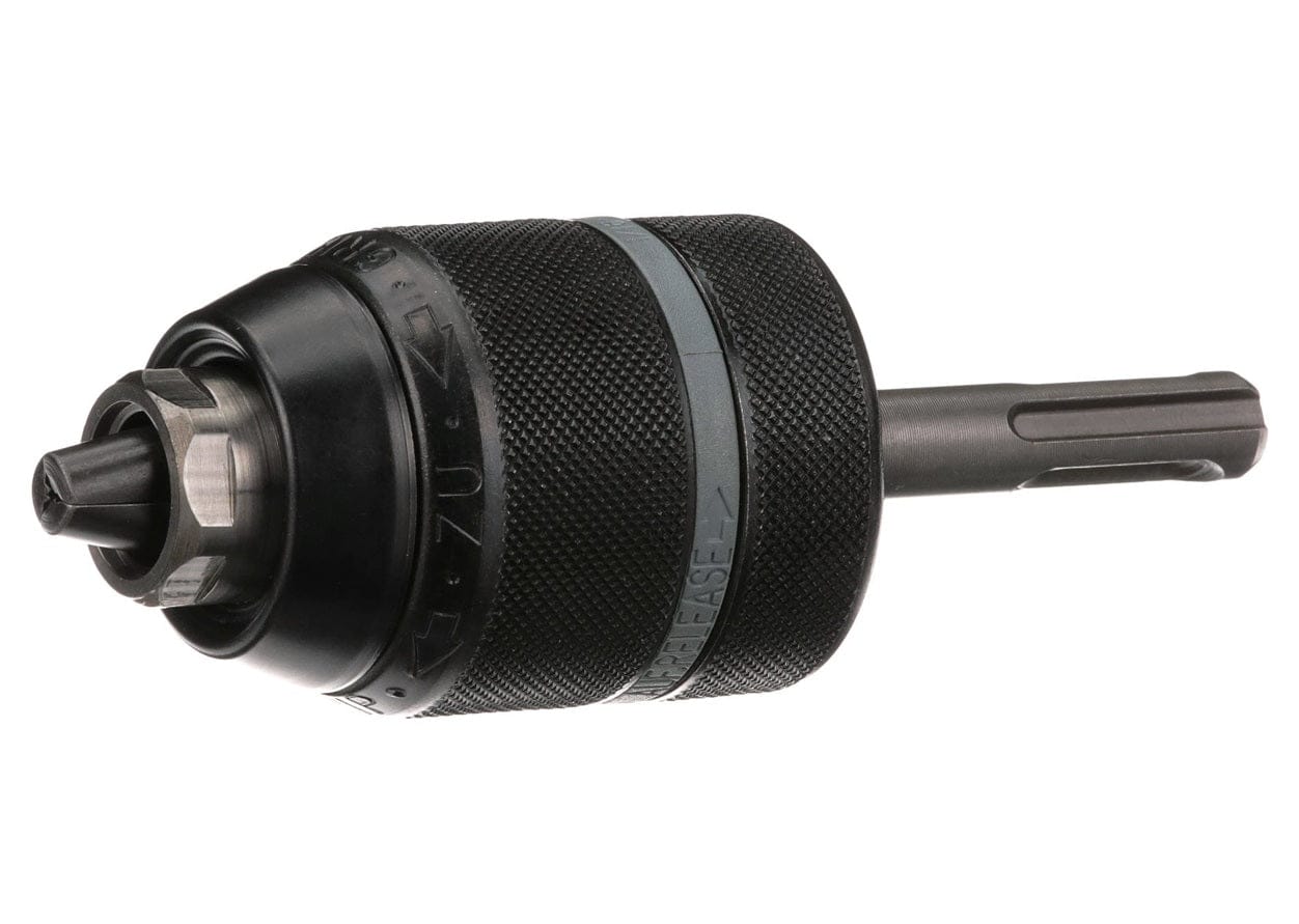 Front angled view of the chuck showing the three-jaw opening designed to securely hold straight shank drill bits.