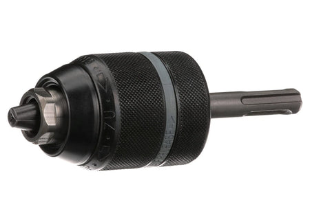 Front angled view of the chuck showing the three-jaw opening designed to securely hold straight shank drill bits.