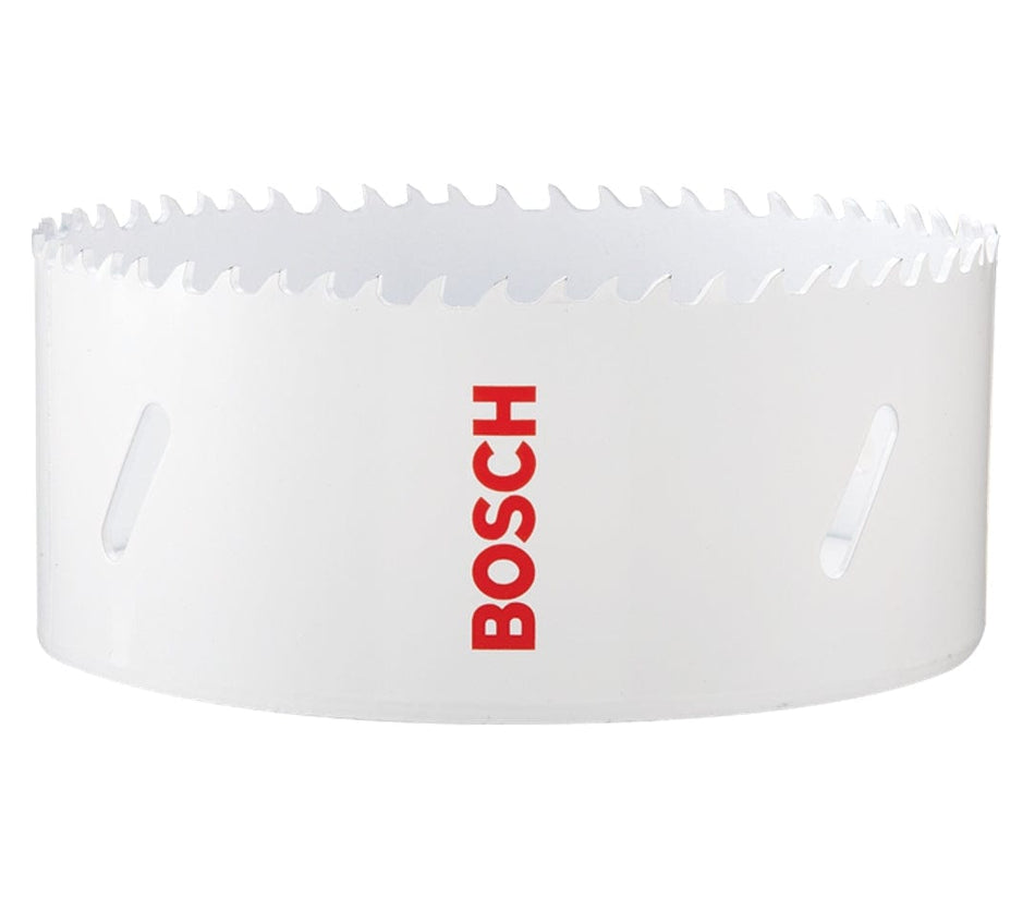 Studio view of the white Bosch HB500 5-inch hole saw featuring the red logo and angled side slots.