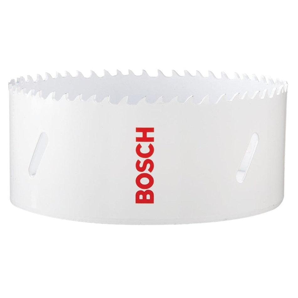 Studio view of the white Bosch HB550 5-inch hole saw featuring the red logo and angled side slots.