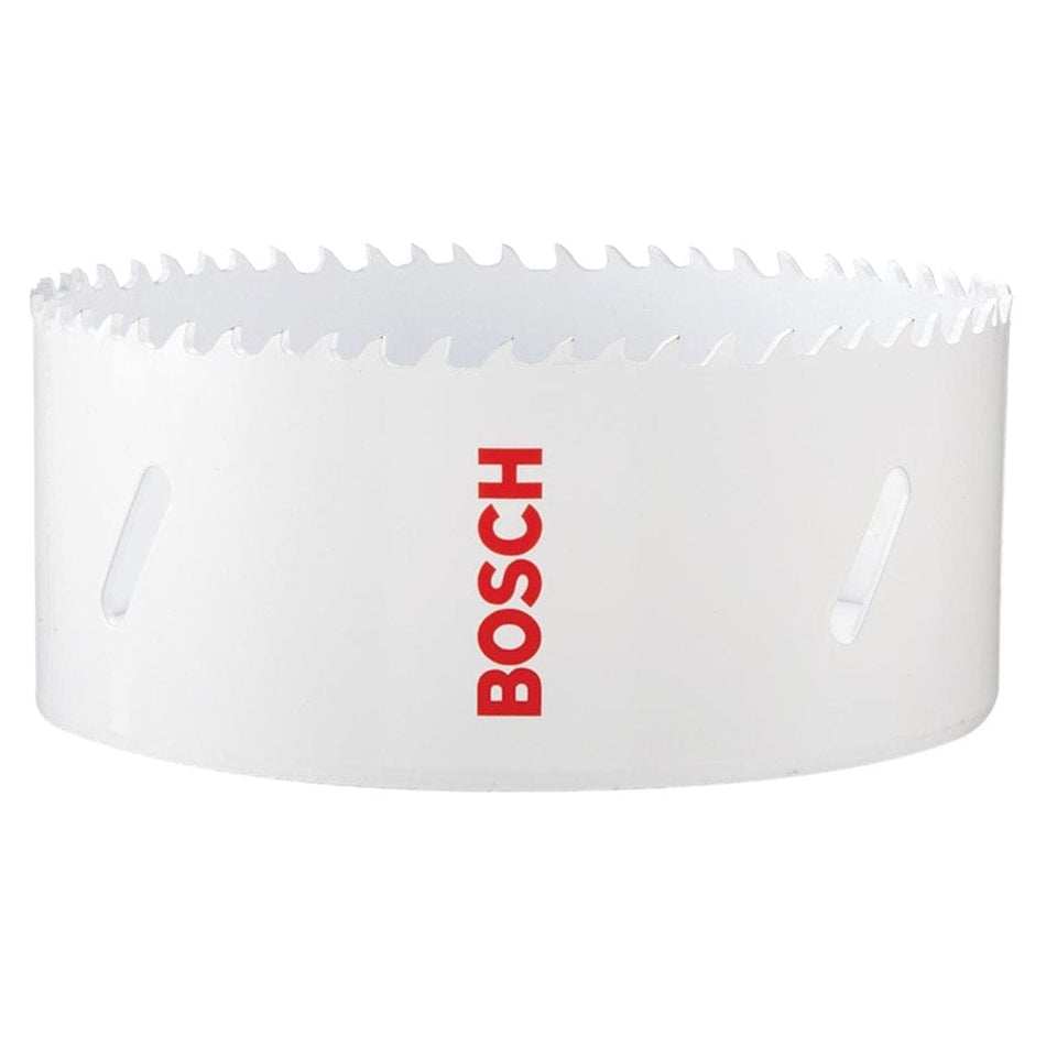 Studio view of the white Bosch HB550 5-inch hole saw featuring the red logo and angled side slots.