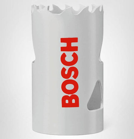 Studio view of the white Bosch HBT125 bi-metal hole saw featuring red logo text and triangular side slots.