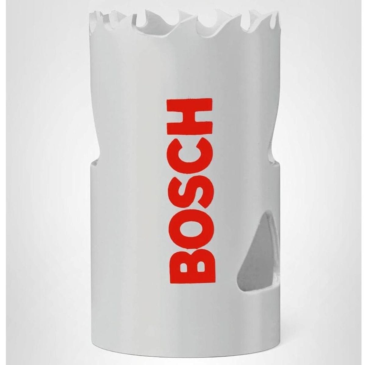 Studio view of the white Bosch HBT125 bi-metal hole saw featuring red logo text and triangular side slots.