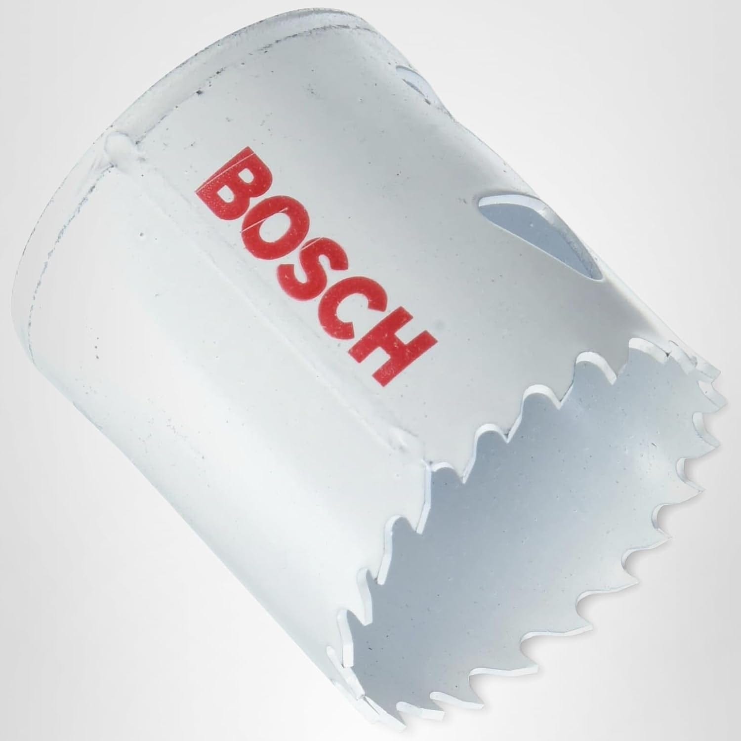 Studio view of the white Bosch HBT175 bi-metal hole saw featuring red logo text and triangular side slots.