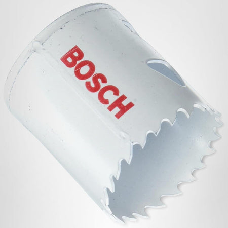 Studio view of the white Bosch HBT175 bi-metal hole saw featuring red logo text and triangular side slots.