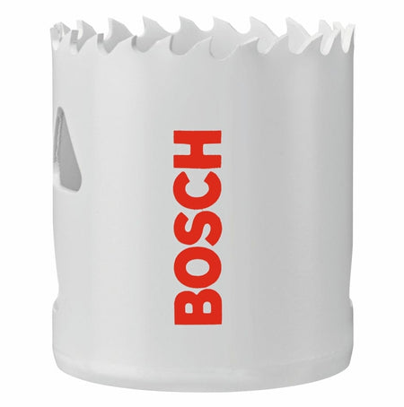 Side profile studio shot of the hole saw showing the white painted body, red Bosch logo, and sharp bi-metal teeth.