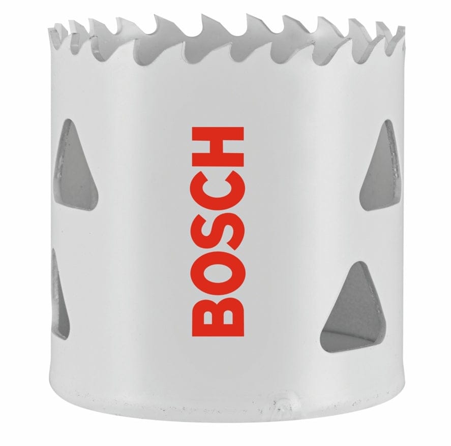 Studio view of the white Bosch HBT187 bi-metal hole saw featuring red logo text and triangular side slots.