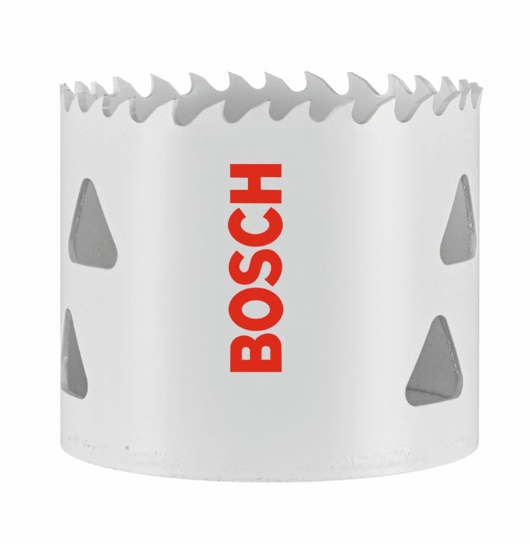 Studio product shot of the Bosch HBT225 2-1/4 inch hole saw featuring a white cylindrical body with the red Bosch logo and distinctive triangle-shaped side slots.