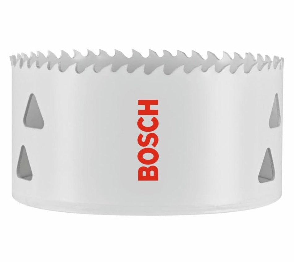 Studio view of the white Bosch HBT375 3-3/4 inch bi-metal hole saw featuring the red Bosch logo and triangular side slots.