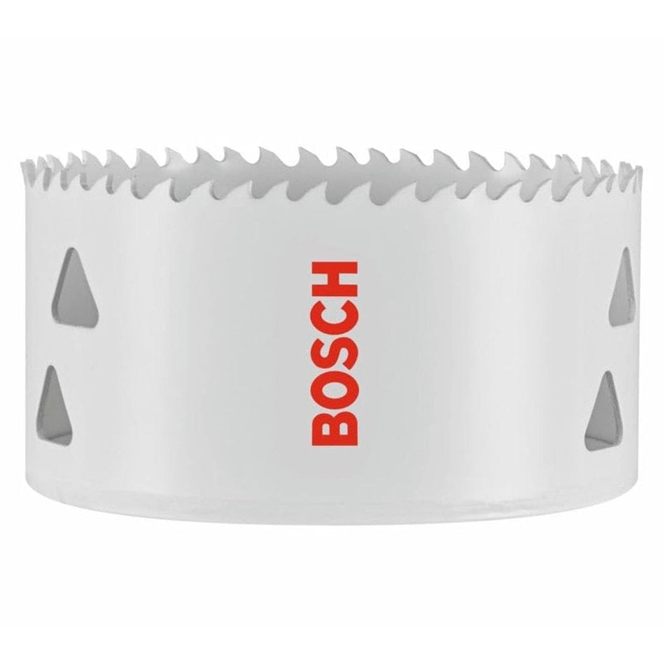 Studio view of the white Bosch HBT375 3-3/4 inch bi-metal hole saw featuring the red Bosch logo and triangular side slots.